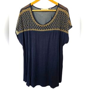 Tempted Hearts Gold and Blue Embellished Dolman Sleeve Blouse Size 3x